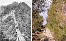 Billygoat Incline circa 1920, showing logs being winched down, and 2020